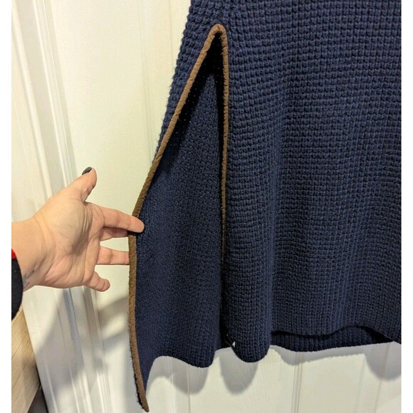 LAUREN RALPH LAUREN Waffle Knit Cowl Neck Poncho Sweater Navy Blue Wool Blend - Picture 4 of 7